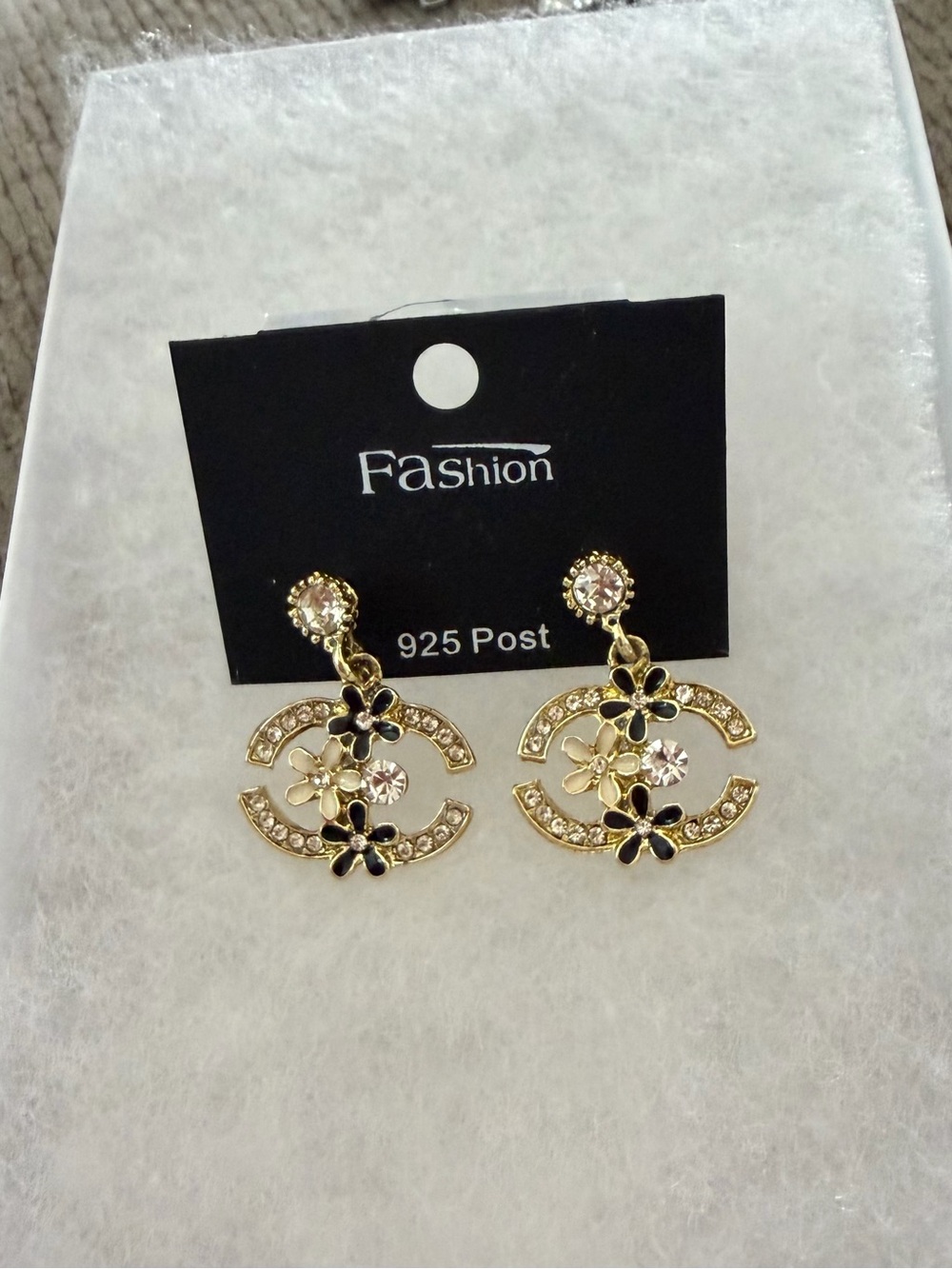 Gold Tine Floral Crystal Drop Post Earrings,  black accent, Fashion Jewelry